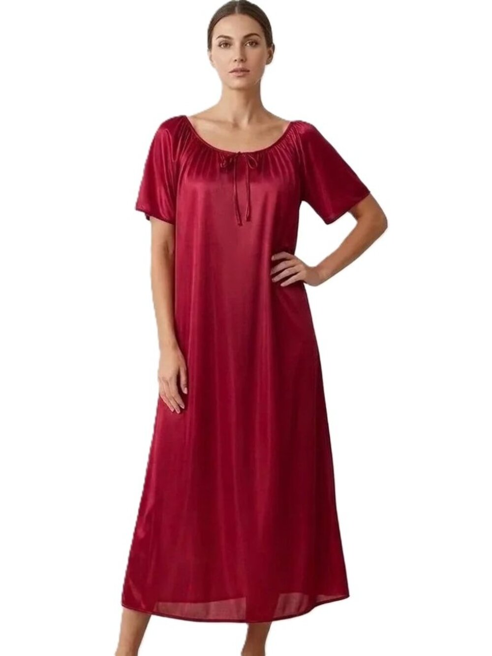 Vintage Satin Nightgown Housedress H N Short Sleeve Red Jewel Tone XXL